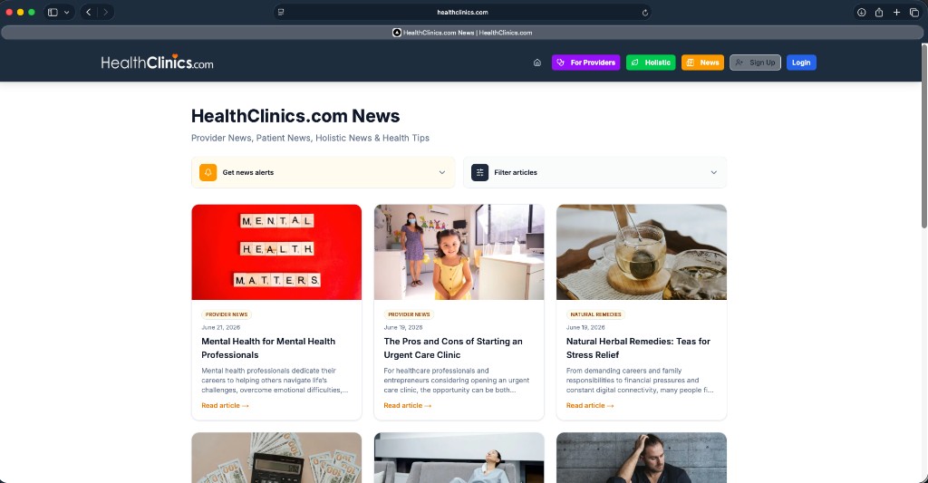 Example news hub on healthclinics.com powered by 24-7 Publisher